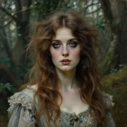 a beautiful and eerie baroque painting of a gorgeous woman from hawkshead, with wild hair and haunted eyes, 1 9 7 0 s, woodland, afternoon light, delicate embellishments, painterly