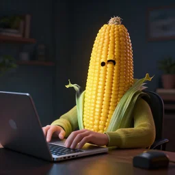 anthropomorphic corn cob typing on his laptop in a dark room, face illuminated, hyperrealistic, artstation, 8 k, concept art, very detailed, hd, digital painting, dramatic lighting