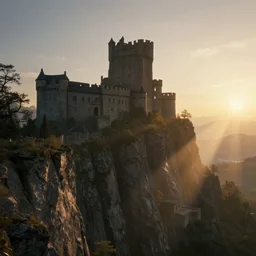 a spiritual matte painting by feng zhu of a cliff side castle, dawn setting, HDR, unreal engine, god rays, ue5, concept art, wide angle, 4k hd wallpaper