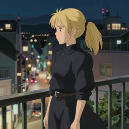 a blonde woman wearing black with a ponytail stands on her balcony, still from late-night urban scenes anime movie directed by Hayao Miyazaki, 4k