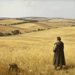 a dry land of rolling pastures and farms with yellow! grass, medieval era, by asher brown durand and chesley bonestell
