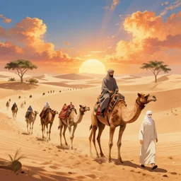 muslims journeying across the desert on camel through an oasis, heatwaves anime aesthetic