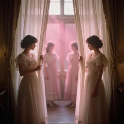 photography of female models behind white curtains in old victorian room, dramatic light, cinestill, filmstill, bokeh, long exposure, god rays, magic hour, pink light, warm colors