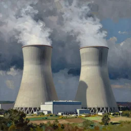 A nuclear power plant in utopia by Simon Stålenhag and Grant Wood, oil on canvas
