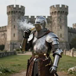 an Old knight from the Medieval era Vaping in front of a castle