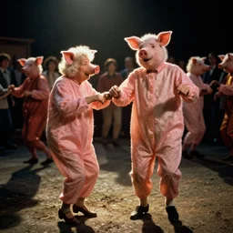 a couple of grandparents of 1 0 0 years old wearing pig costume and dancing, extreme long shot, kodachrome, backlight, add a glow around subj. edge, in twin peaks, 1 9 9 0 s