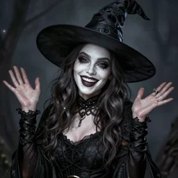female Camila Mendes, as a witch, fun smile, pale face, realistic character concept, medium shot, fun pose, illustration, artstation, cinematic lighting, hyperdetailed, cgsociety, 8k, high resolution, insanely detailed and intricate, beautiful