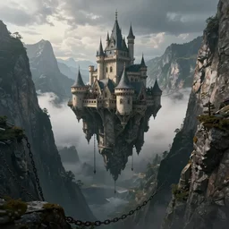 immense floating one castle, in the middle of high mountains, hanging by chains, inside a gorge, below only cloud darkness, contrast, void, 8 k resolution, artstation trends, by simon bisley, beeple, justin gerard