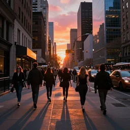 a new york city street, photorealistic, sunset, vivid colors, large crowd walking on the sidewalk, dressed in black.