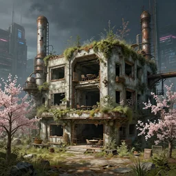 a beautiful hyperdetailed rendering of industrial architecture nature abandoned unfinished building building urbex restaurant by claude lorrain, san andreas alien cyberpunk nightsky at spring flowers sci - fi, archdaily, wallpaper, highly detailed, trending on artstation.