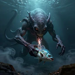 cthulhu underwater eating a void fish, by peter mohrbacher dan mumford craig mullins nekro, cgsociety, pixiv, volumetric light, 3 d render, smoke, dark fog, high contrast colors