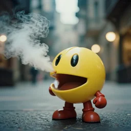 photo of pacman vaping in mos eisley, cinestill 8 0 0 t, 8 5 mm f / 1. 8, bokeh, cinematic