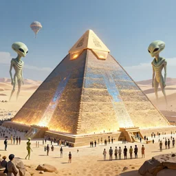 wise aliens and ancient egyptians building a glowing nuclear - powered pyramid surrounded by crowds of worshipping people in a desert, digital art, artstation, trending, 4 k, intricate, ultra hd