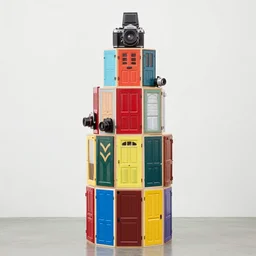 a tower made up of colourful makeshift doors, mamiya, f 1 1, photographed by julie blackmon