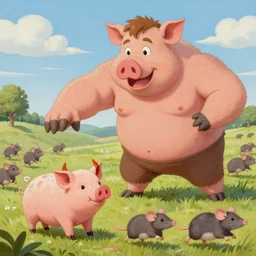 an odd painting of a giant hog man summoning a mini devil pig while a rat army runs away