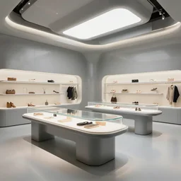 hyperdetailed futuristic store interior with display tables, by liam wong