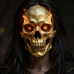 portrait of a woman with a skull mask on her face, gold, eyes, fire, dark souls, dark art  - H 1000