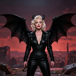 marilyn manson with black devil bat wings, film still, epic detail, psycho colors, music video vibes