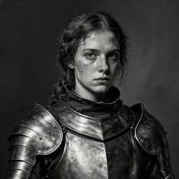 close portrait of the young warrior joan of arc in armor, with a dirty and sweaty face, digital matte painting, dramatic lighting, concept art, black - and - white, hyper detailed, trending on artstation, by christophe young, by wlop, by greg rutkowski, by raymond swanland
