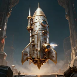 a retro science fiction futuristic art deco steampunk rocketship, hdr, ilm