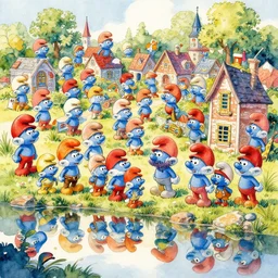 a beautiful insanely intricate watercolor painting of smurfs village, reflexions, colorfull, by william turner art, by greg rutkowski, by james jean, by rossdraws, by frank franzzeta, by sakimichan, trending on artstation, insanely detailed, masterpiece,