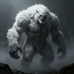 colossus from shadow of the colossus with a white fur, fog, dark, fantasy, shadow of the colossus screenshot, unreal engine, digital art