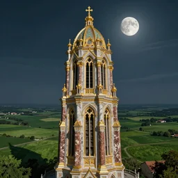 The great intricate marble and golden wizards tower, painted landscape, green fields in the background, moody lighting, moon in the night sky, sharp image, 4k, art by Donato Giancola and Bayard Wu, digital art, trending on artstation