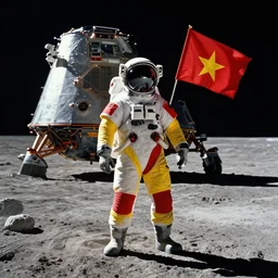 an cosmonaut in red on white on yellow costume holding vietnam flag, standing on the moon spaceship in the background, wide angle cinematic composition, concept art by greg rutkowski, octane render