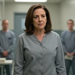 Movie still of Sheryl Sandberg in Supermax prison in Facebook The Movie, directed by Ridley Scott