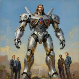 a giant statue of jesus mecha, tim hildebrandt, wayne barlowe, bruce pennington, donato giancola, trending on artstation, cinematic composition, beautiful lighting, hyper detailed, 8 k, oil on canvas