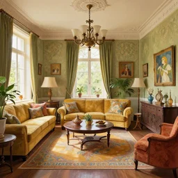 a beatiful living room in an old house, extremely detailed, sharp focus, wide view, full body shot, smooth, digital illustration, colorfull by, james jean, by rossdraws, frank franzzeta, sakimichan, mcbess, aphonse mucha