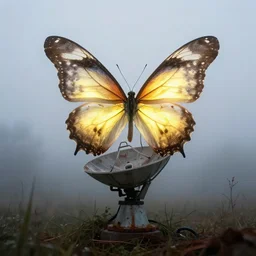 in the misty morning ， a giant, glowing butterfly perched on the abandonded satellite radio, by craig mullins