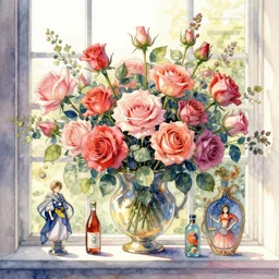 a beautiful insanely intricate watercolor illustration of modern rose stil life in the windows, colorfull, by william turner art, by greg rutkowski, by james jean, by rossdraws, by frank franzzeta, by sakimichan, by edmund dulac, trending on artstation, insanely detailed, masterpiece,