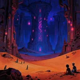 the lost fairies of wonderland in an ancient desert looms over the small people who dwell outside of it's shaded walls. an image of the future ever receding from the clutches of greed. vivid neon art deco romanticism landscape, epic grimdark fantasy composition. harsh linework. by dan mumford, by thomas cole. neon lanterns in the gloom.