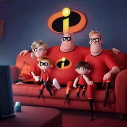 the incredibles family sitting on a couch watching television, pixar art, stylish, john lassiter, cinematic frame, relaxed environment,