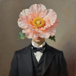 hyperrealism oil painting of a man in old fashioned suit with big flower instead of his head