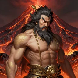 stunning japanese god of volcano portrait, beard, muscular, lava background, fantasy, intricate, elegant, highly detailed, digital painting, artstation, concept art, smooth, sharp focus, illustration, art by krenz cushart and artem demura and afshar petros