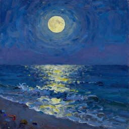 beautiful night ocean in moonlight, colorful oil painting