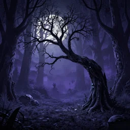 a bent tree in the spooky woods, in the style of tim burton