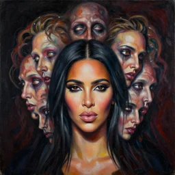 grotesque portrait of kim kardashian painted by george condo, intricate, multiple faces, dark, highly detailed, oil on canvas, terrifying, brilliantly colored, 8 k