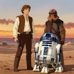 film still Luke skywalker obi wan kenobi R2-D2 C-3PO tatooine sunset Star Wars a new hope 1977 studio ghibli animation
