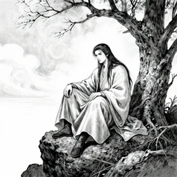 a prince with long hairs and a robe sitting  on a rock, a dead tree and swirly clouds in the background, art by James Jean and Wayne Barlowe and moebius, black and white ink, high details , cinematic, cgsociety 8k