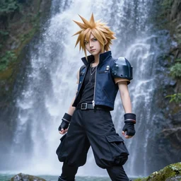 kingdom hearts sora cosplay near waterfall low angle 85mm