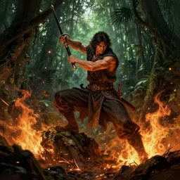 full character concept art, doug marcaida holding a kampilan, dense jungle, forge, fire and sparks, it wil keel!!, detailed, high quality, dynamic lighting, dark fantasy. artwork by artgerm, wlop, alex ross, greg rutknowski, alphonse mucha