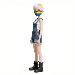 a grungy woman with short white hair, shaved hair, soft eyes and narrow chin, dainty figure, torn overalls, short shorts, combat boots, rainbow mask, basic white background, side boob, symmetrical, single person, style of by jordan grimmer and greg rutkowski, crisp lines and color,