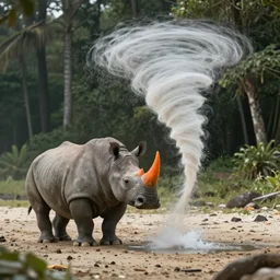 a water based superhero whos is making a tornado using her her powers near a beach a orange one horned rhino in a forest PROMPT, XF IQ4, 150MP, 50mm, f/1.4, ISO 200, 1/160s, natural light, Adobe Photoshop, Adobe Lightroom, DxO Photolab, Corel PaintShop Pro, rule of thirds, symmetrical balance, depth layering, polarizing filter, Sense of Depth, AI enhanced
