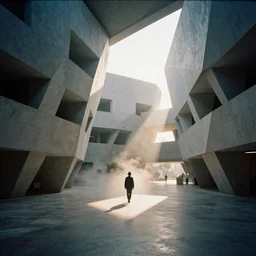 Hyper realistic brutalist museum interior, parametric architecture, alone man with suit and hat walking in the distance, sun rays at sunset, soft shadows, volumetric fog, Hyper realistic film photography, Zeiss 24mm f2.8, Hasselblad, insanely detailed, sharp focus
