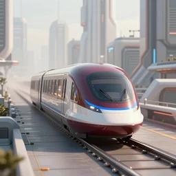 modern concept art for a maglev train speeding though a futuristic city over a simple trackway, soft lighting, 3d render, 8k, maroon and blue accents, metallic reflections, star citizen origin 100i, central focus, close up, cyberpunk 2077, industrialpunk white skyline in background.