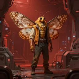 concept art by greg rutkowski, an antropomorphic humanoid moth, wearing cassual clothes, futuristic, brutalistic environment, scifi, detailed and intricate environment, reddish lighting, nostalgic atmosphere, high technology, highly detailed portrait, digital painting, artstation, concept art, smooth, sharp foccus ilustration, artstation hq.