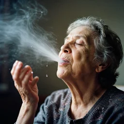 analog photographic portrait with 5 0 mm lens and f / 1 2. 0 of a 1 0 0 years old woman woman with her eyes closed and spurting from her mouth a white viscous fluid floating in the air. with a slight variation of light in the liquid and gesture.
